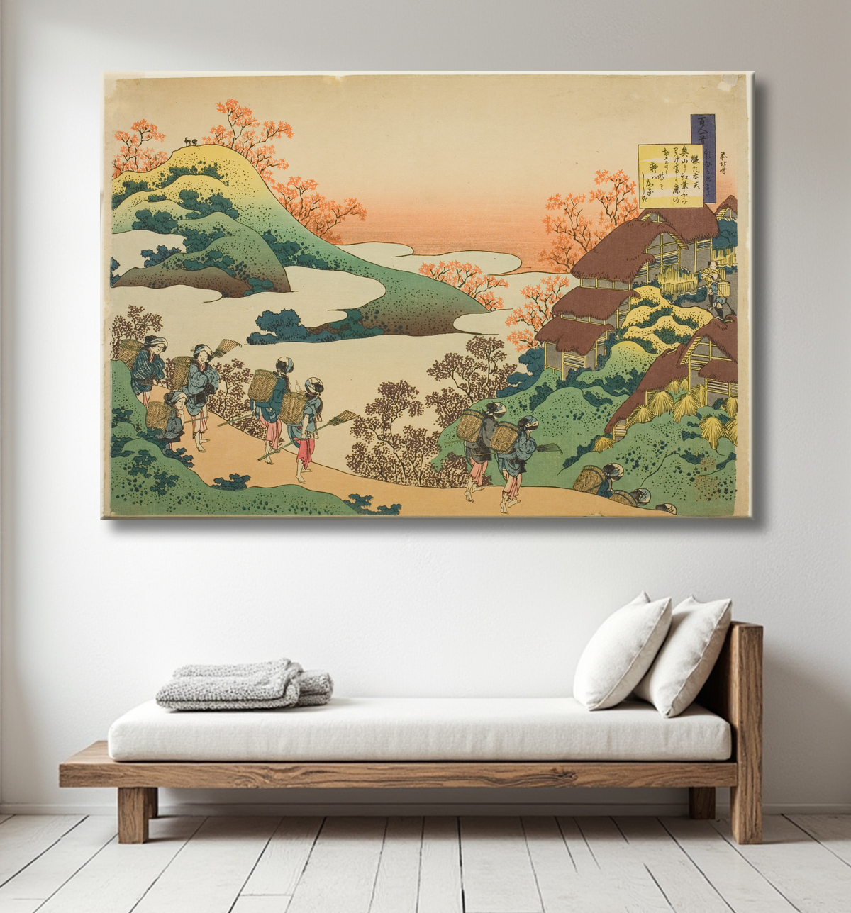 Reproduction Poème de Sarumaru Dayu, de la série "Cent poèmes expliqués par l'infirmière (Hyakunin isshu uba ga etoki)" de Katsushika Hokusai avec decor