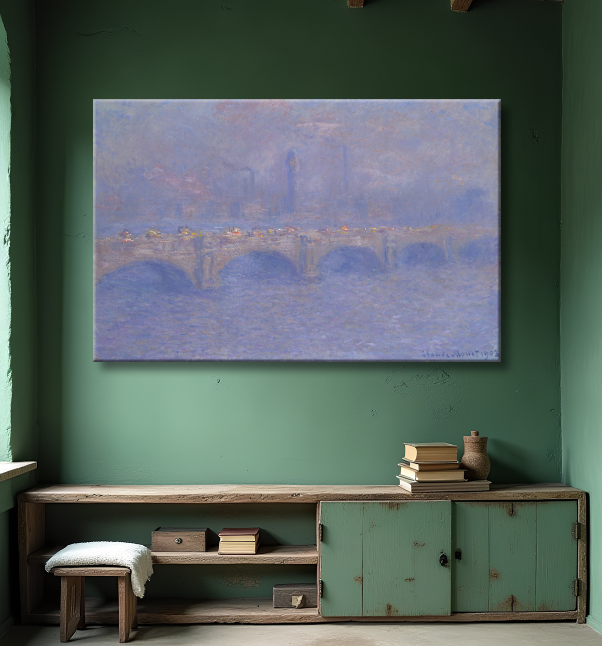 Reproduction Pont de Waterloo, effet de lumière du soleil de Claude Monet avec decor