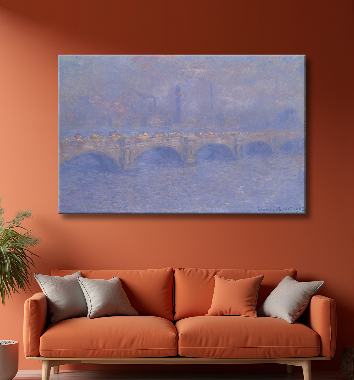 Reproduction Pont de Waterloo, effet de lumière du soleil de Claude Monet avec decor