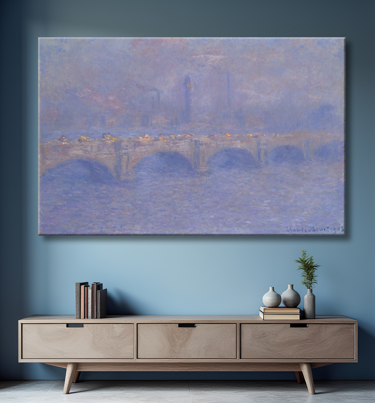 Reproduction Pont de Waterloo, effet de lumière du soleil de Claude Monet avec decor