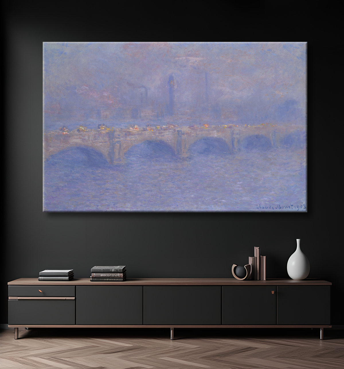 Affiche encadrée haut de gamme en France fine art ou toile imprimée. Pont de Waterloo, effet de lumière du soleil...