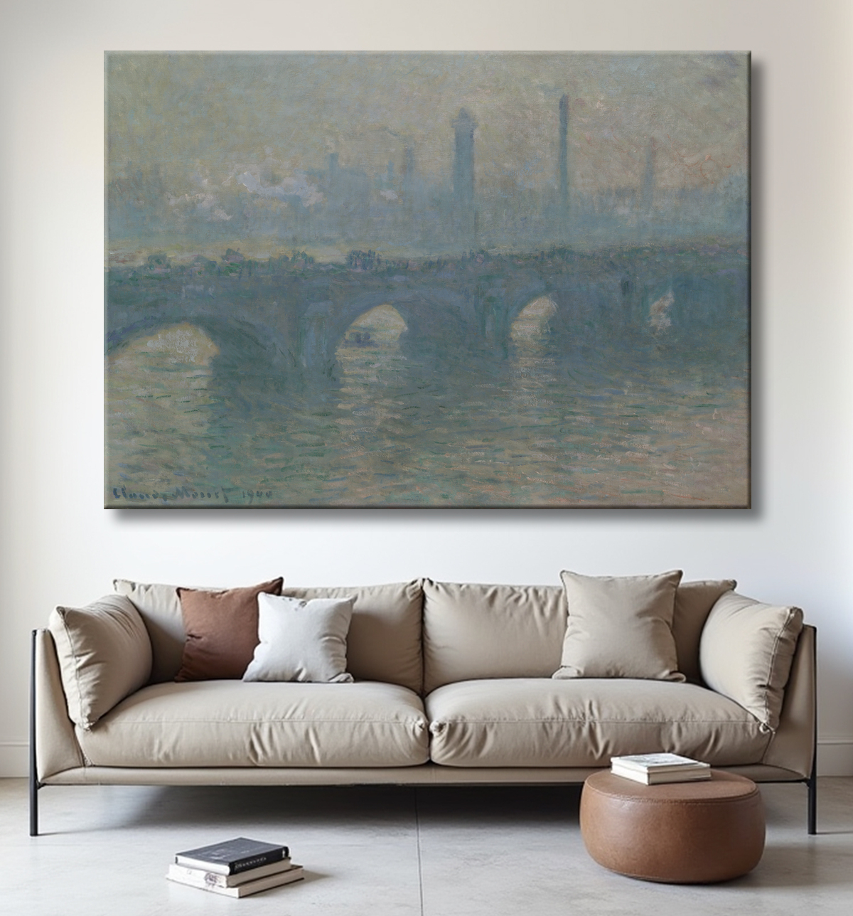 Reproduction Pont de Waterloo, temps gris de Claude Monet avec decor