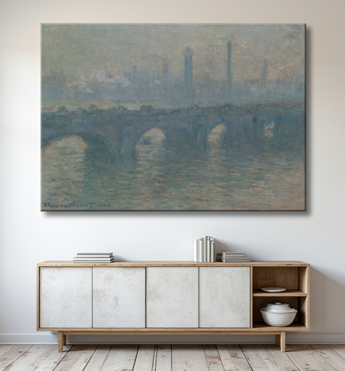 Reproduction Pont de Waterloo, temps gris de Claude Monet avec decor