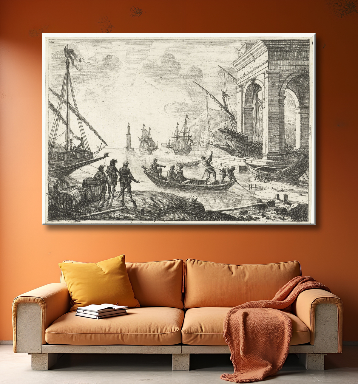 Reproduction Port avec phare de Claude Lorrain avec decor