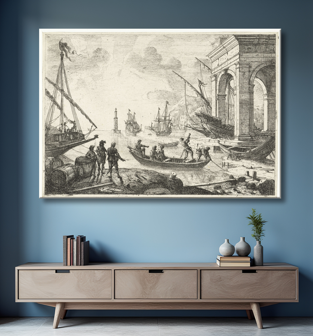 Reproduction Port avec phare de Claude Lorrain avec decor