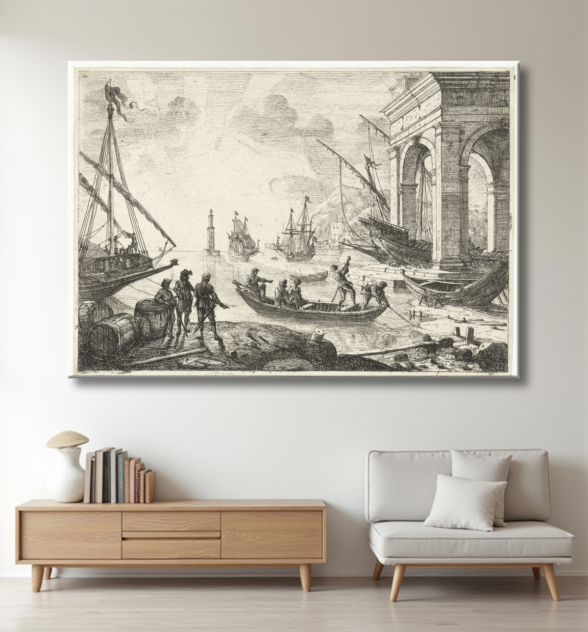 Reproduction Port avec phare de Claude Lorrain avec decor