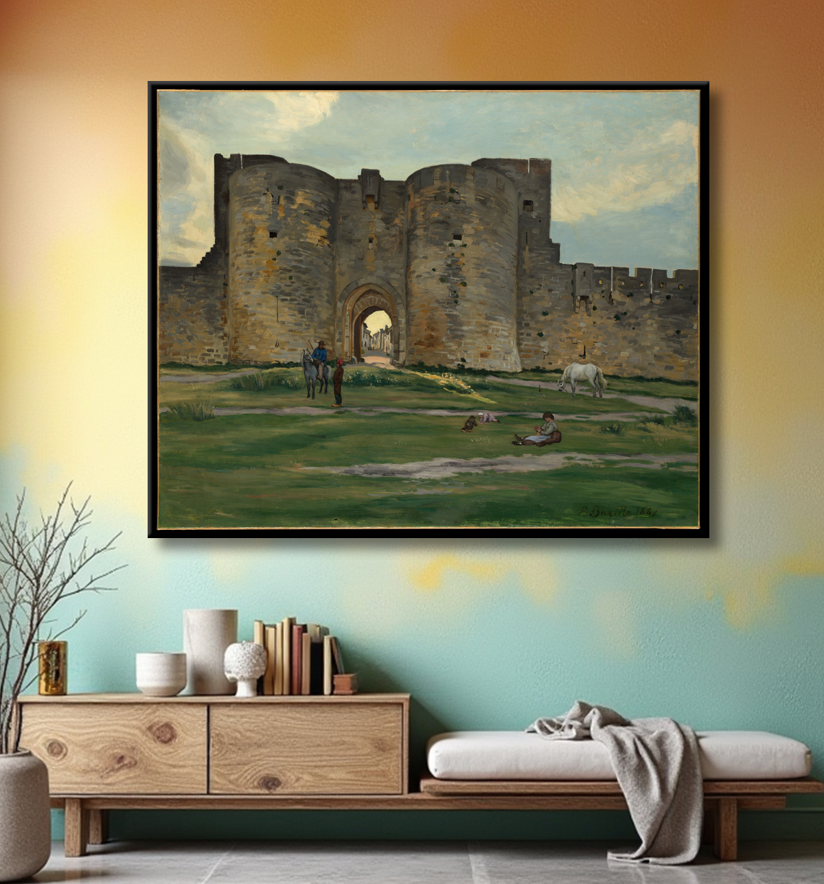 Reproduction Porte de la Reine at Aigues-Mortes de Jean-Frédéric Bazille avec decor