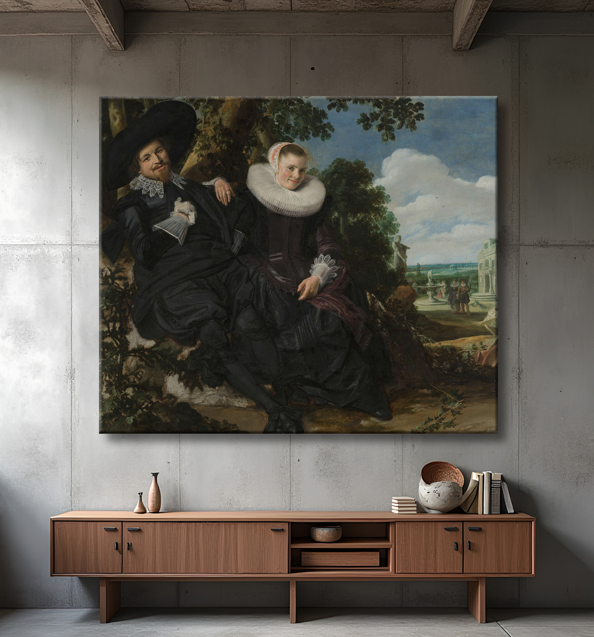 Reproduction Portrait d'un couple, probablement Isaac Abrahamsz Massa et Beatrix van der Laen de Frans Hals avec decor