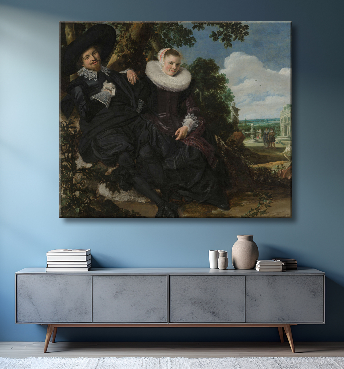 Reproduction Portrait d'un couple, probablement Isaac Abrahamsz Massa et Beatrix van der Laen de Frans Hals avec decor