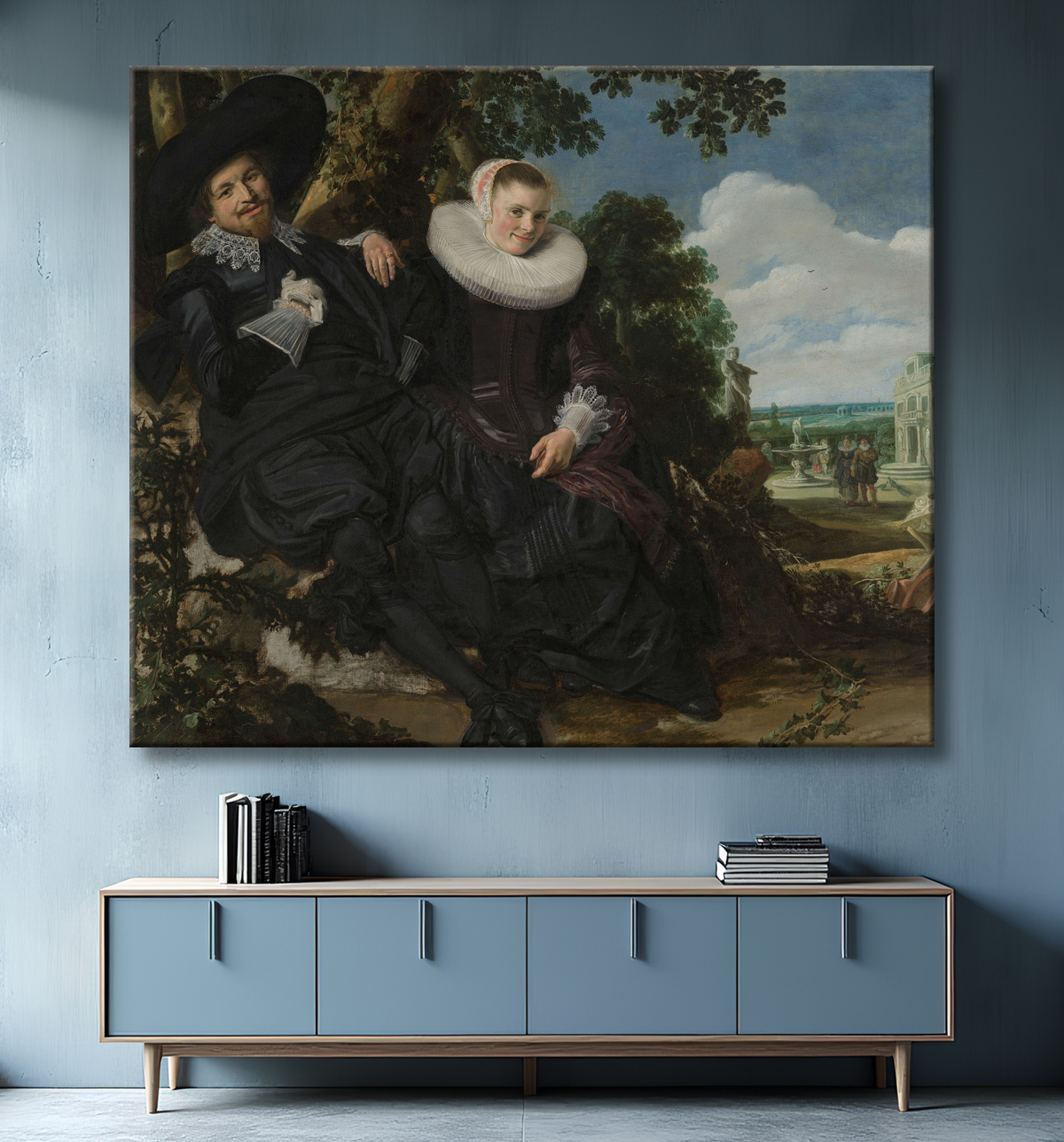 Reproduction Portrait d'un couple, probablement Isaac Abrahamsz Massa et Beatrix van der Laen de Frans Hals avec decor