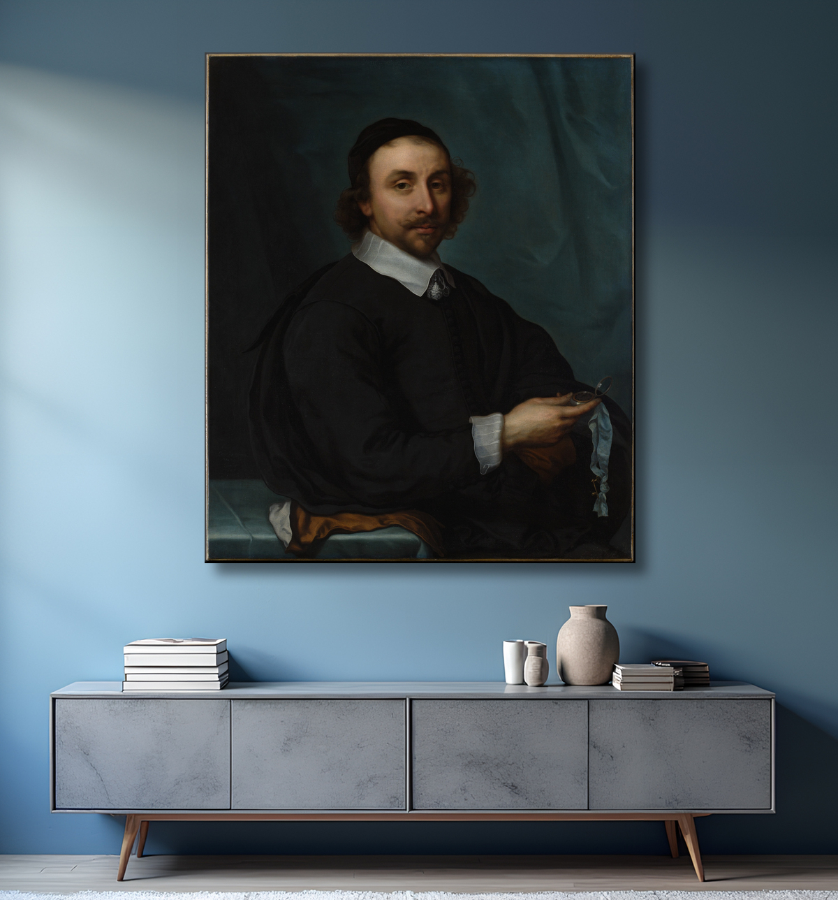 Reproduction Portrait d'un homme avec une montre de Cornelis Jonson van Ceulen the Younger avec decor