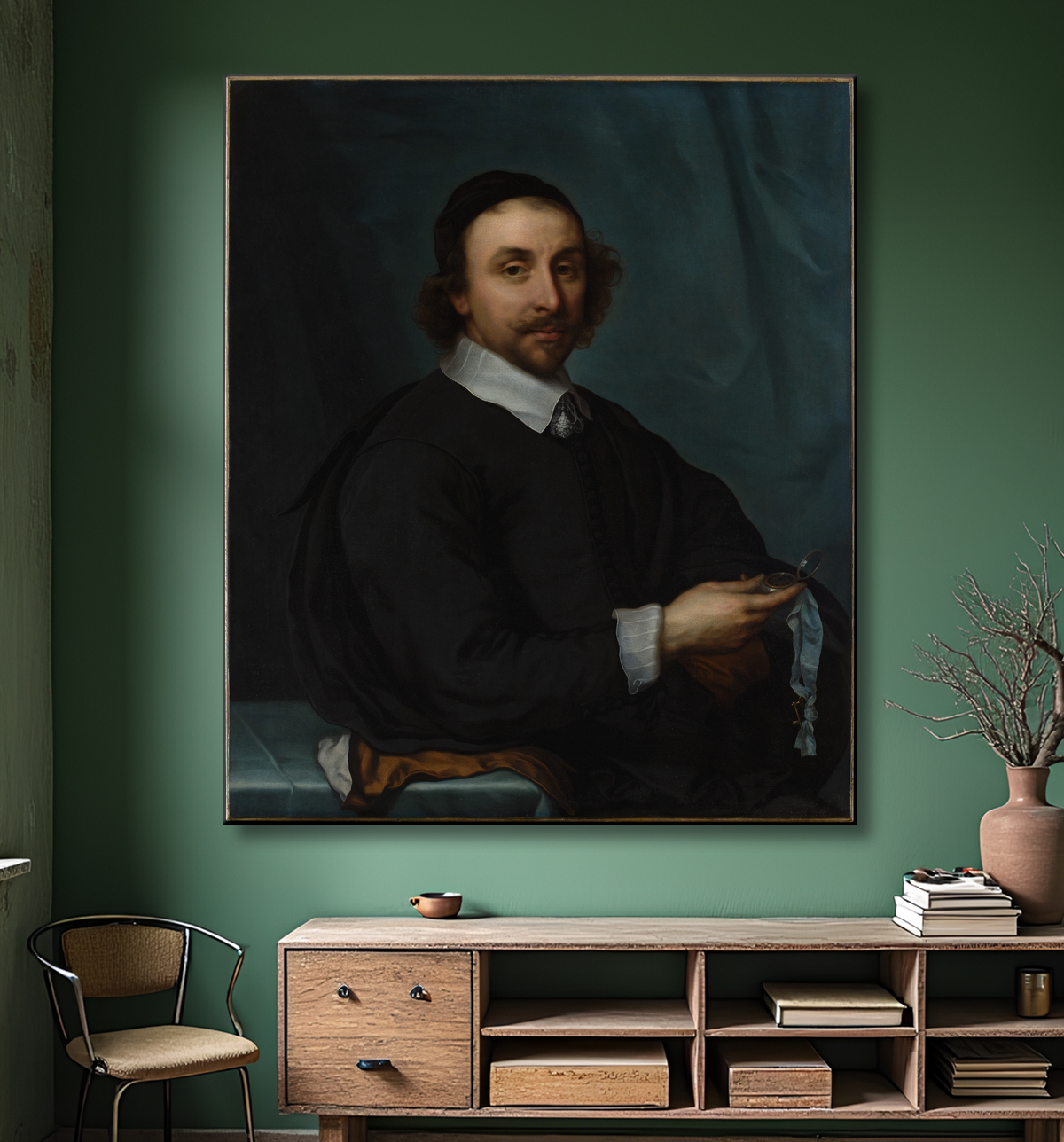 Reproduction Portrait d'un homme avec une montre de Cornelis Jonson van Ceulen the Younger avec decor