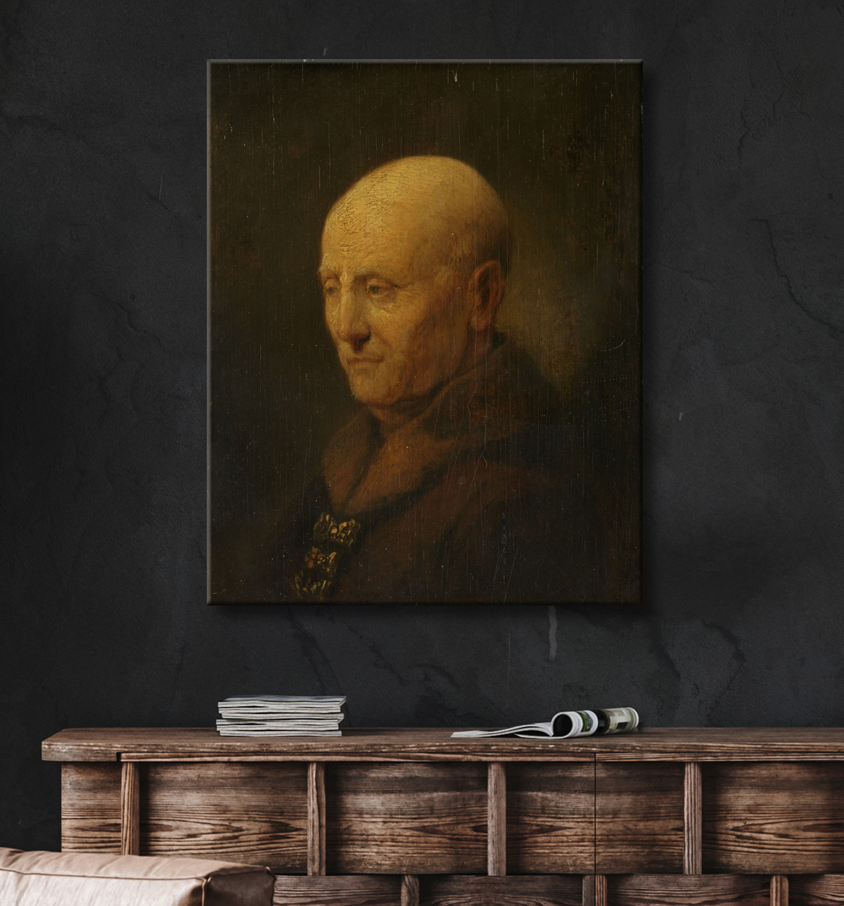 Reproduction Portrait d'un homme, peut-être le père de Rembrandt, Harmen Gerritsz van Rijn de Rembrandt van Rijn avec decor