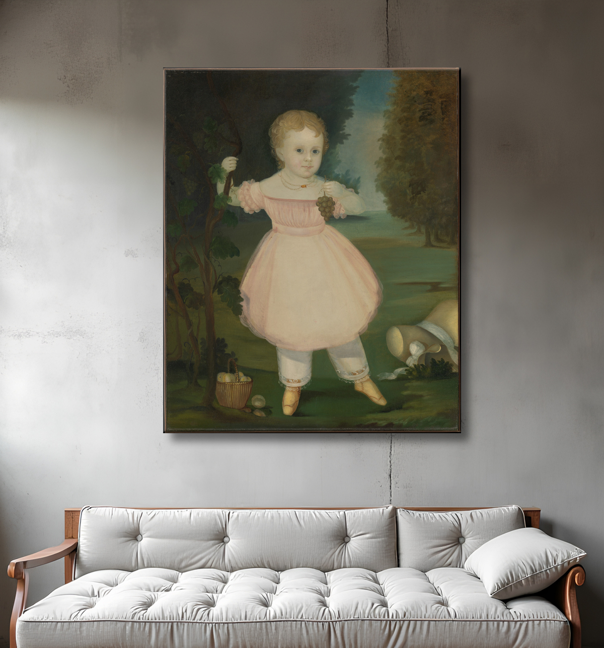 Reproduction Portrait d'une petite fille cueillant des raisins avec decor