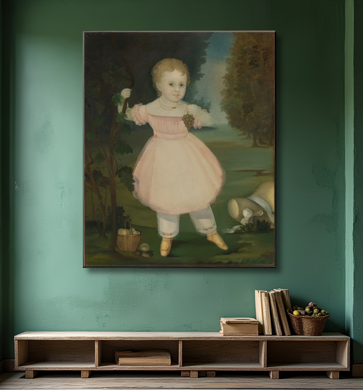 Reproduction Portrait d'une petite fille cueillant des raisins avec decor