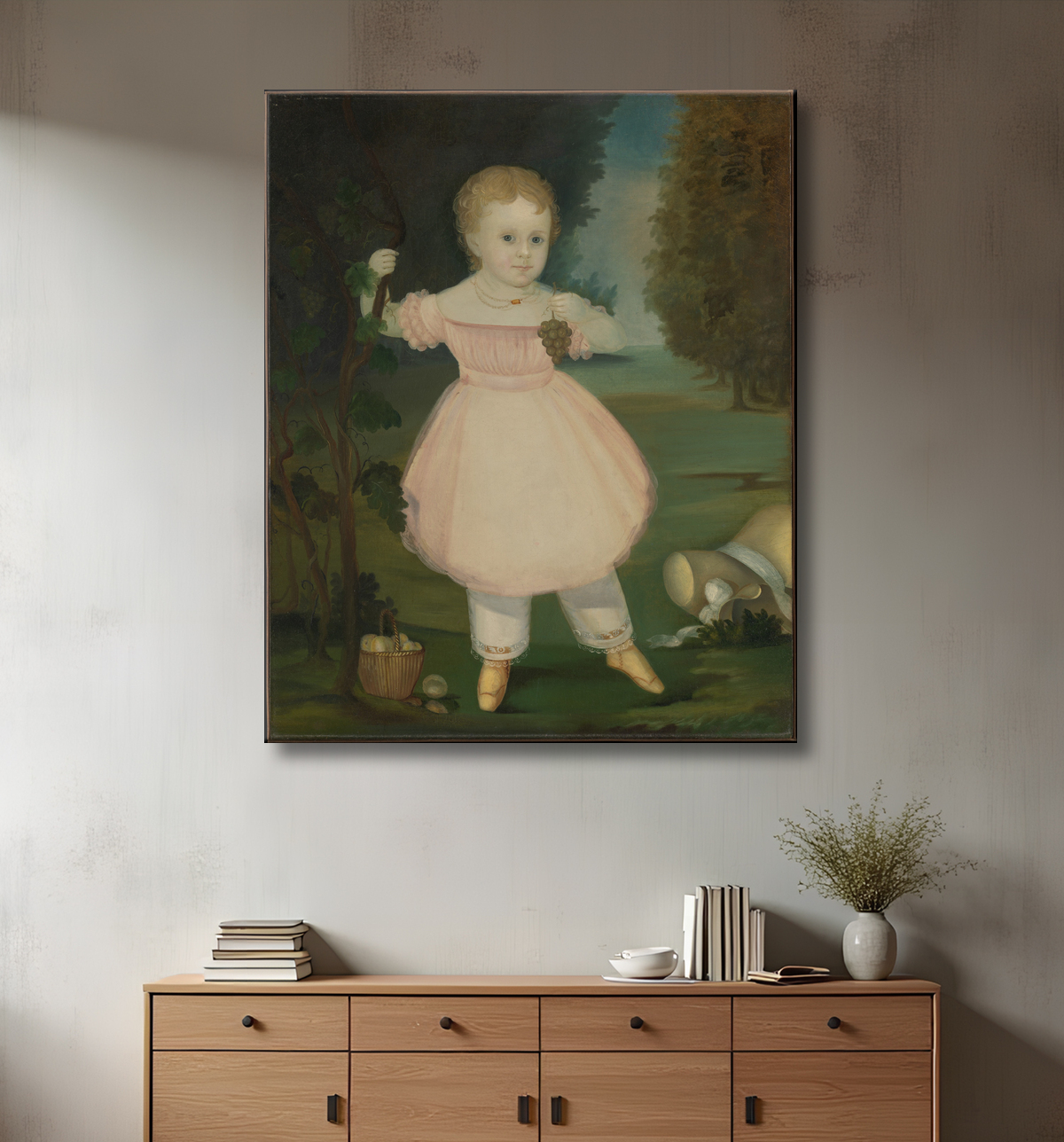 Reproduction Portrait d'une petite fille cueillant des raisins avec decor