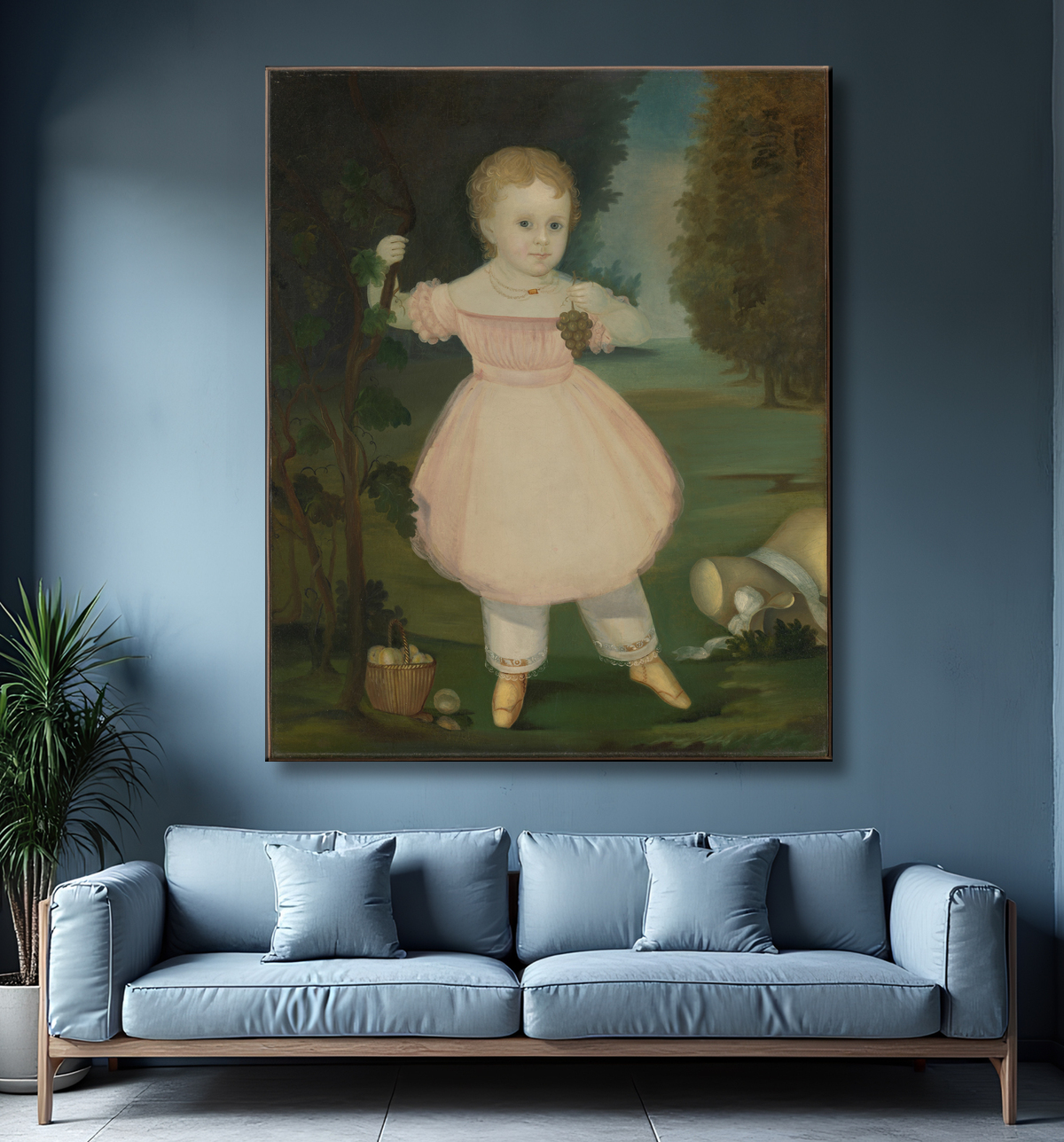 Reproduction Portrait d'une petite fille cueillant des raisins avec decor