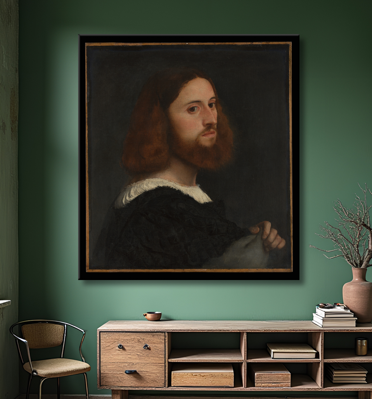 Reproduction Portrait d'un homme de Titian (Tiziano Vecellio) avec decor