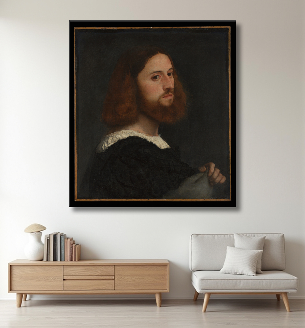 Reproduction Portrait d'un homme de Titian (Tiziano Vecellio) avec decor