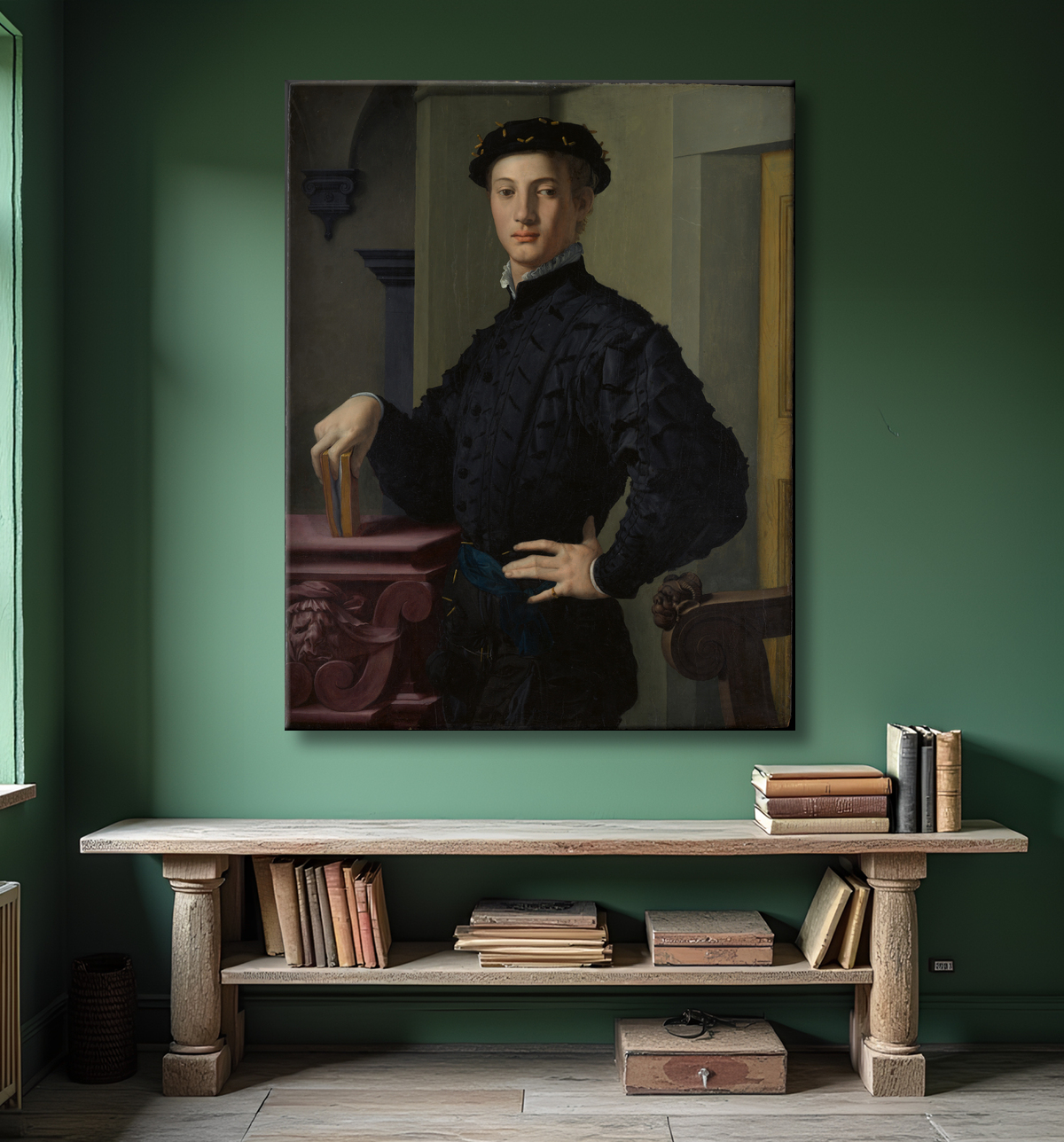 Reproduction Portrait d'un jeune homme de Bronzino (Agnolo di Cosimo di Mariano) avec decor