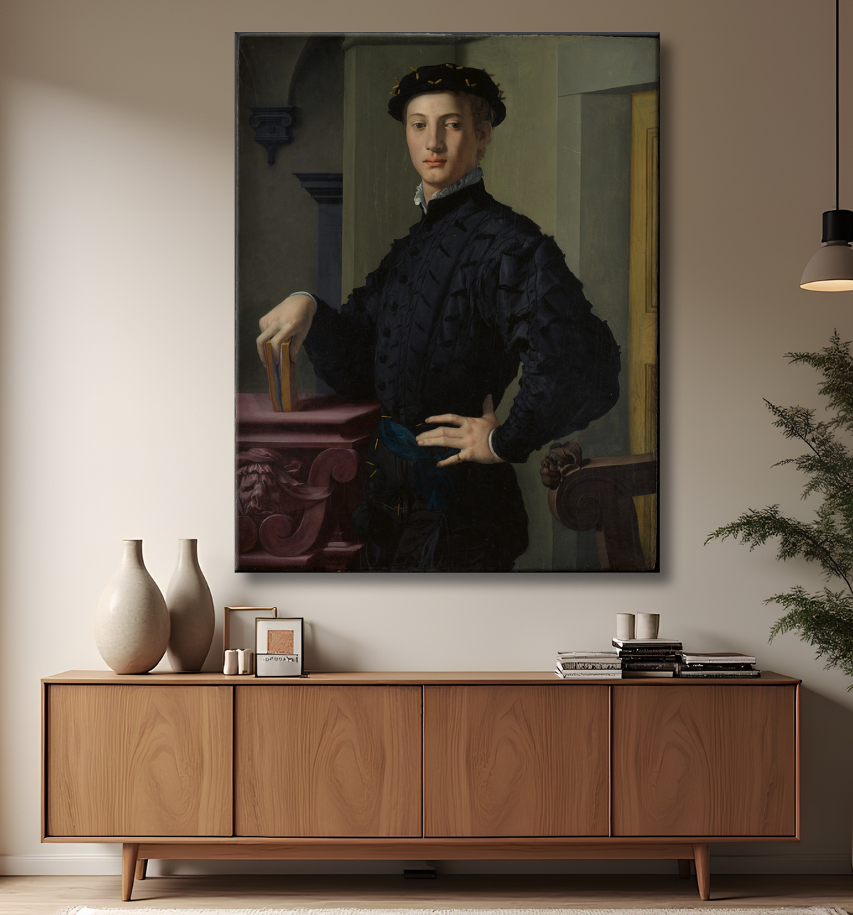 Reproduction Portrait d'un jeune homme de Bronzino (Agnolo di Cosimo di Mariano) avec decor