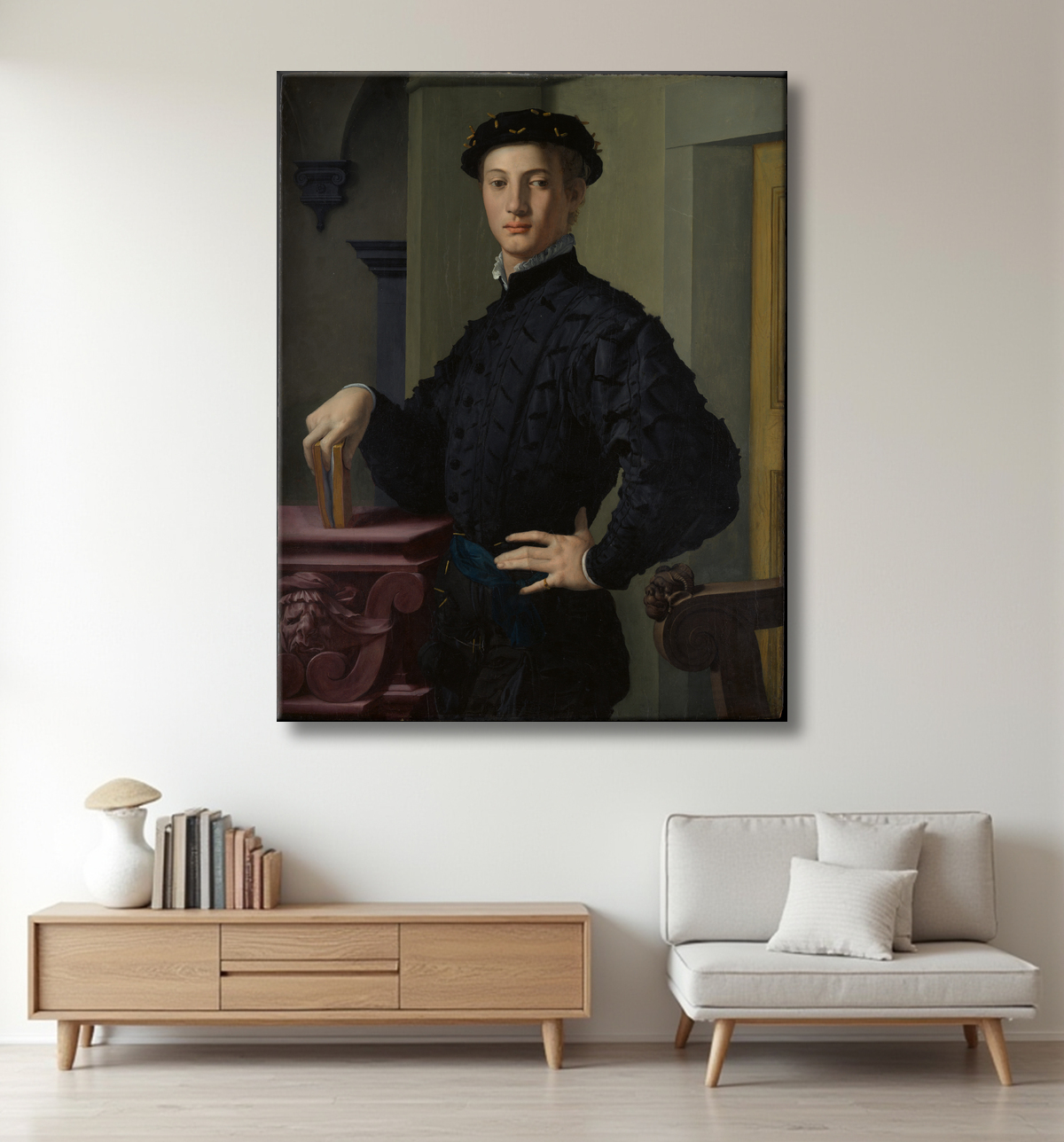 Reproduction Portrait d'un jeune homme de Bronzino (Agnolo di Cosimo di Mariano) avec decor