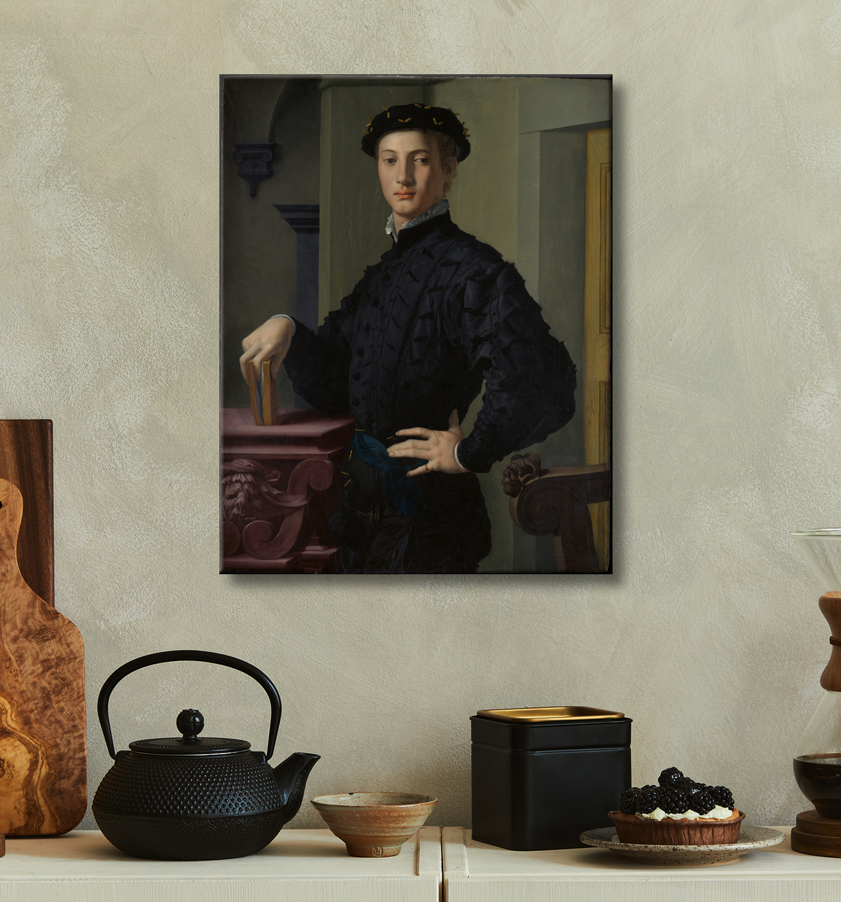 Reproduction Portrait d'un jeune homme de Bronzino (Agnolo di Cosimo di Mariano) avec decor