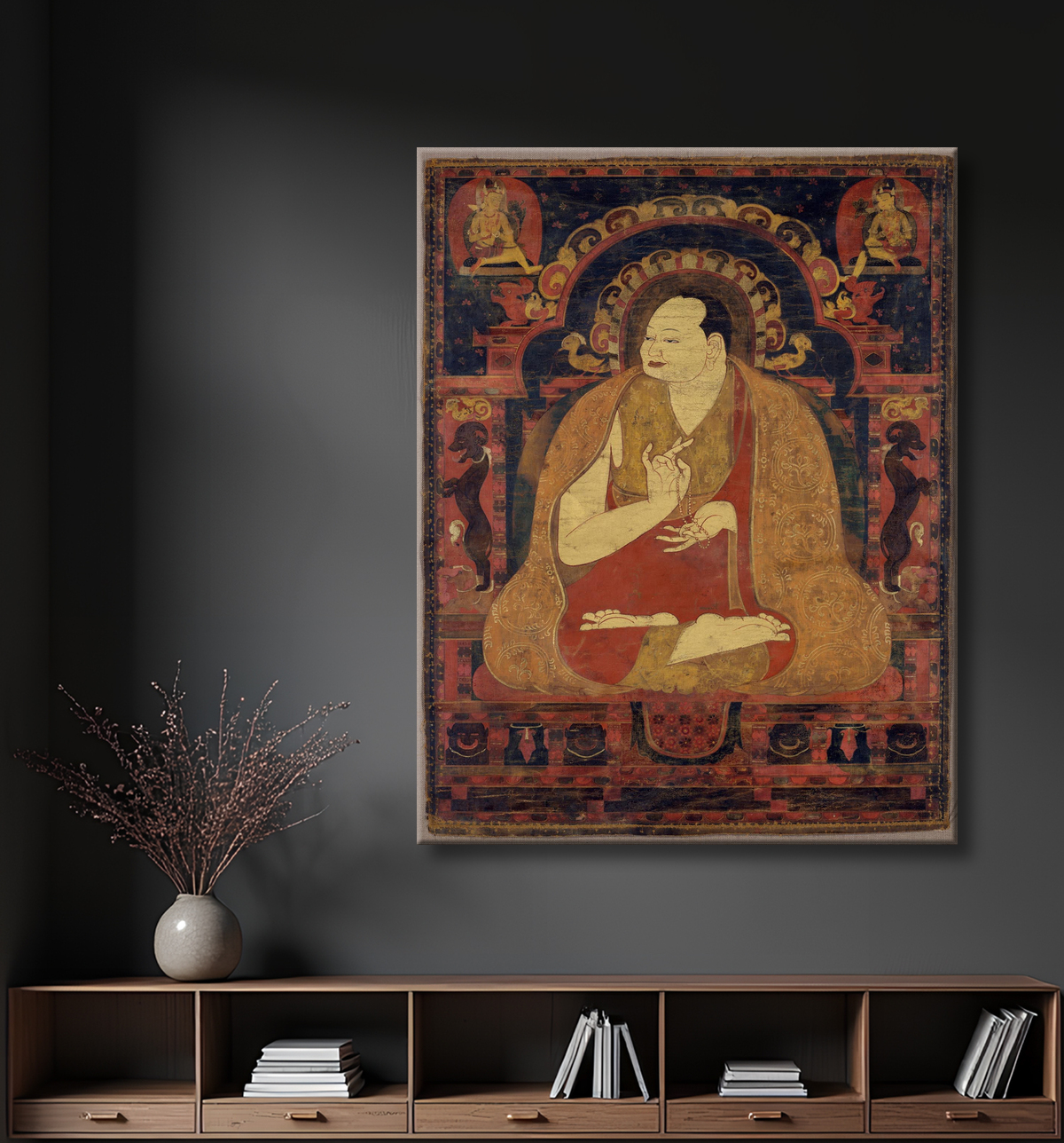 Reproduction Portrait d'un lama, peut-être Dromton avec decor