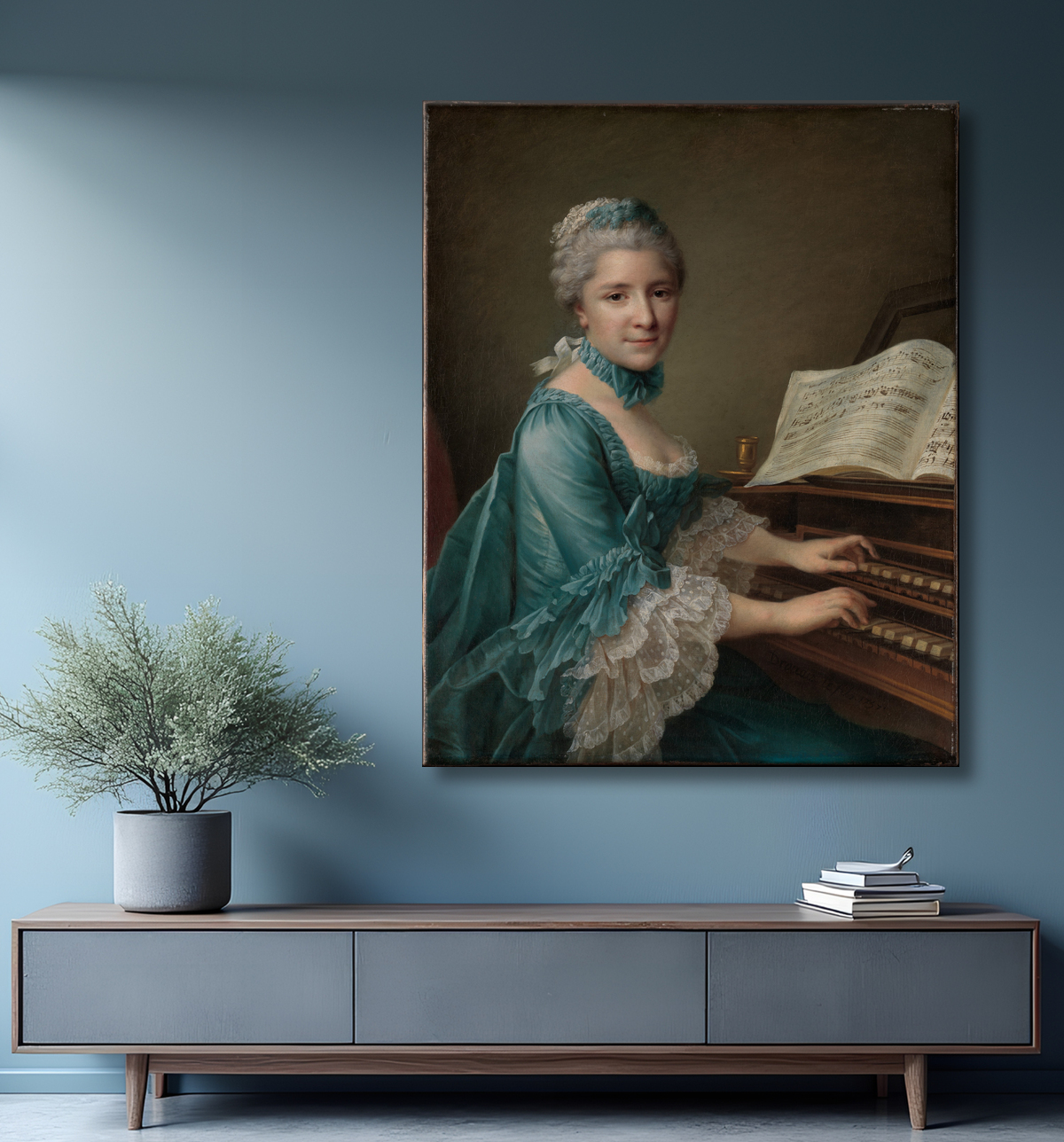 Reproduction Portrait d'une femme, dite Madame Charles Simon Favart (Marie Justine Benoîte Duronceray, 1727-1772) de François Hubert Drouais avec decor