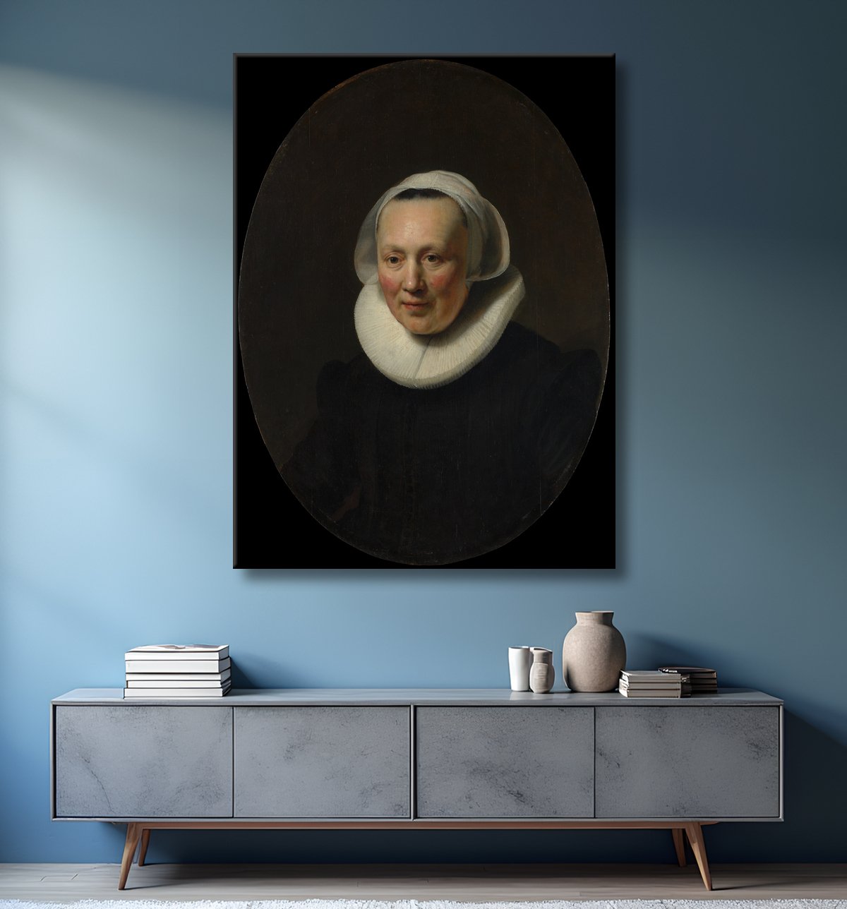 Reproduction Portrait d'une femme de Rembrandt (Rembrandt van Rijn) avec decor