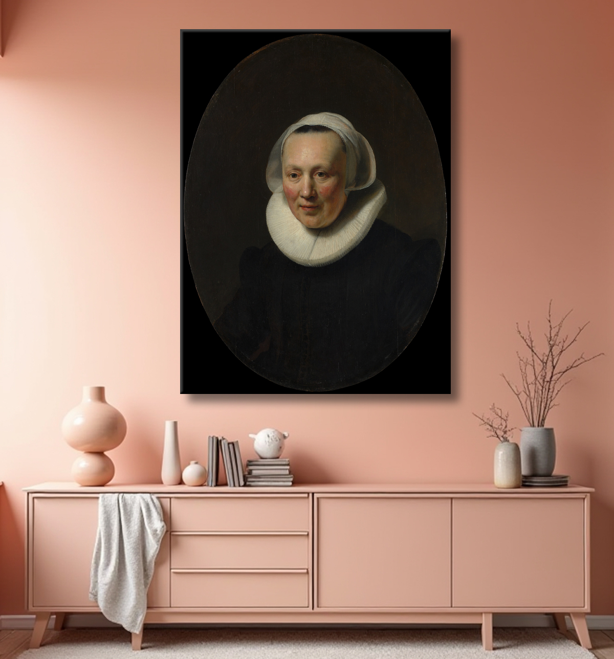Reproduction Portrait d'une femme de Rembrandt (Rembrandt van Rijn) avec decor
