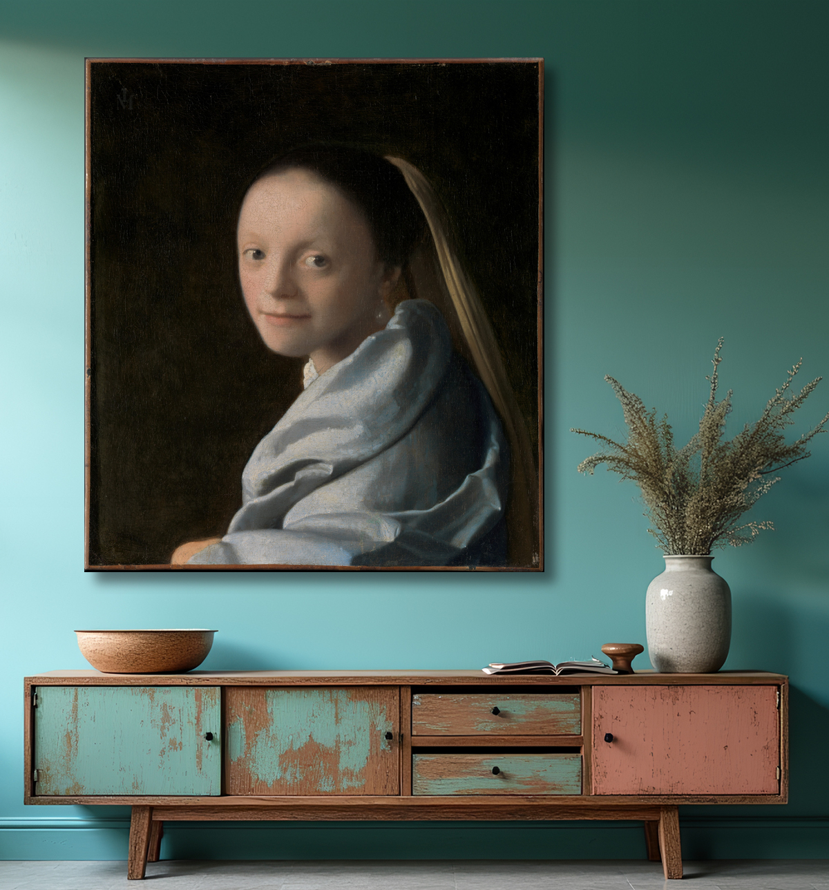 Reproduction Portrait d'une jeune femme de Johannes Vermeer avec decor