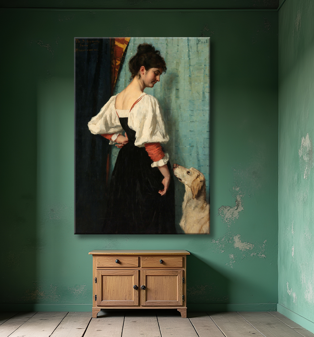 Reproduction Portrait d'une jeune femme, avec 'Puck' le chien de Thérèse Schwartze avec decor