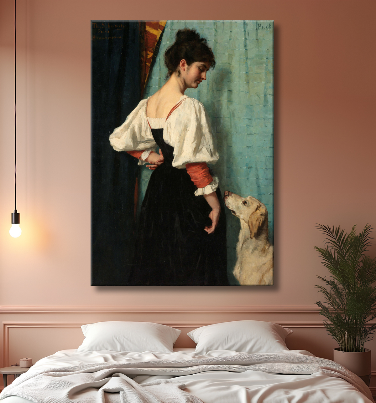 Reproduction Portrait d'une jeune femme, avec 'Puck' le chien de Thérèse Schwartze avec decor