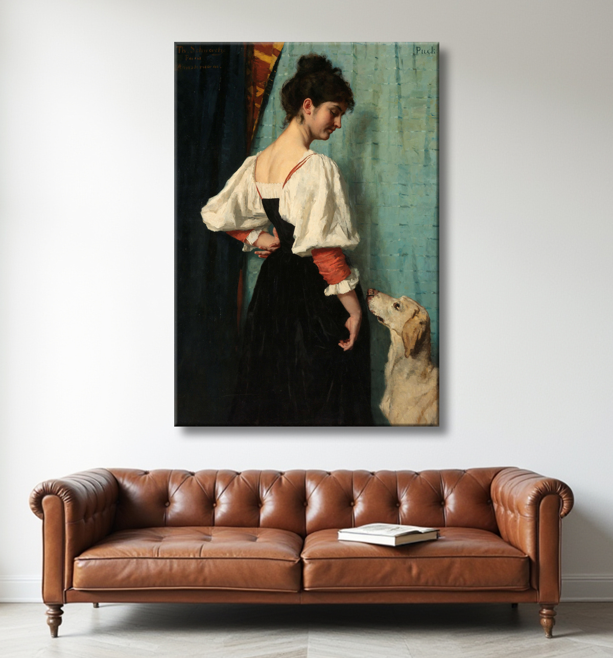 Reproduction Portrait d'une jeune femme, avec 'Puck' le chien de Thérèse Schwartze avec decor