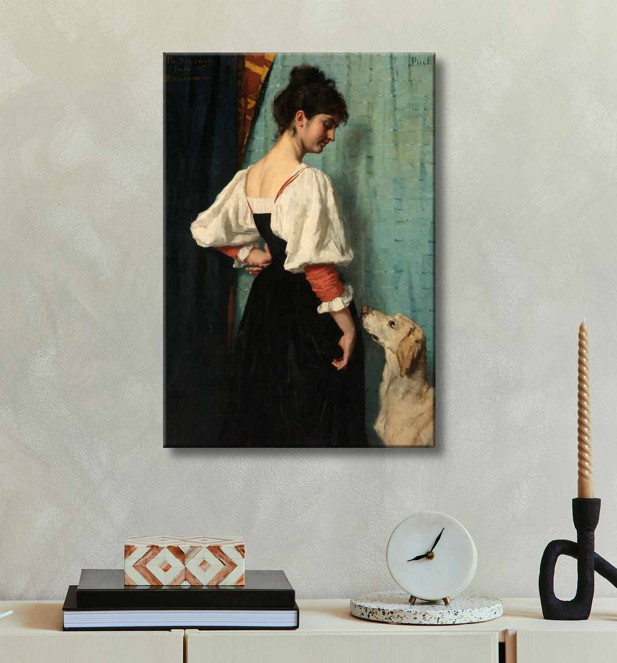 Reproduction Portrait d'une jeune femme, avec 'Puck' le chien de Thérèse Schwartze avec decor