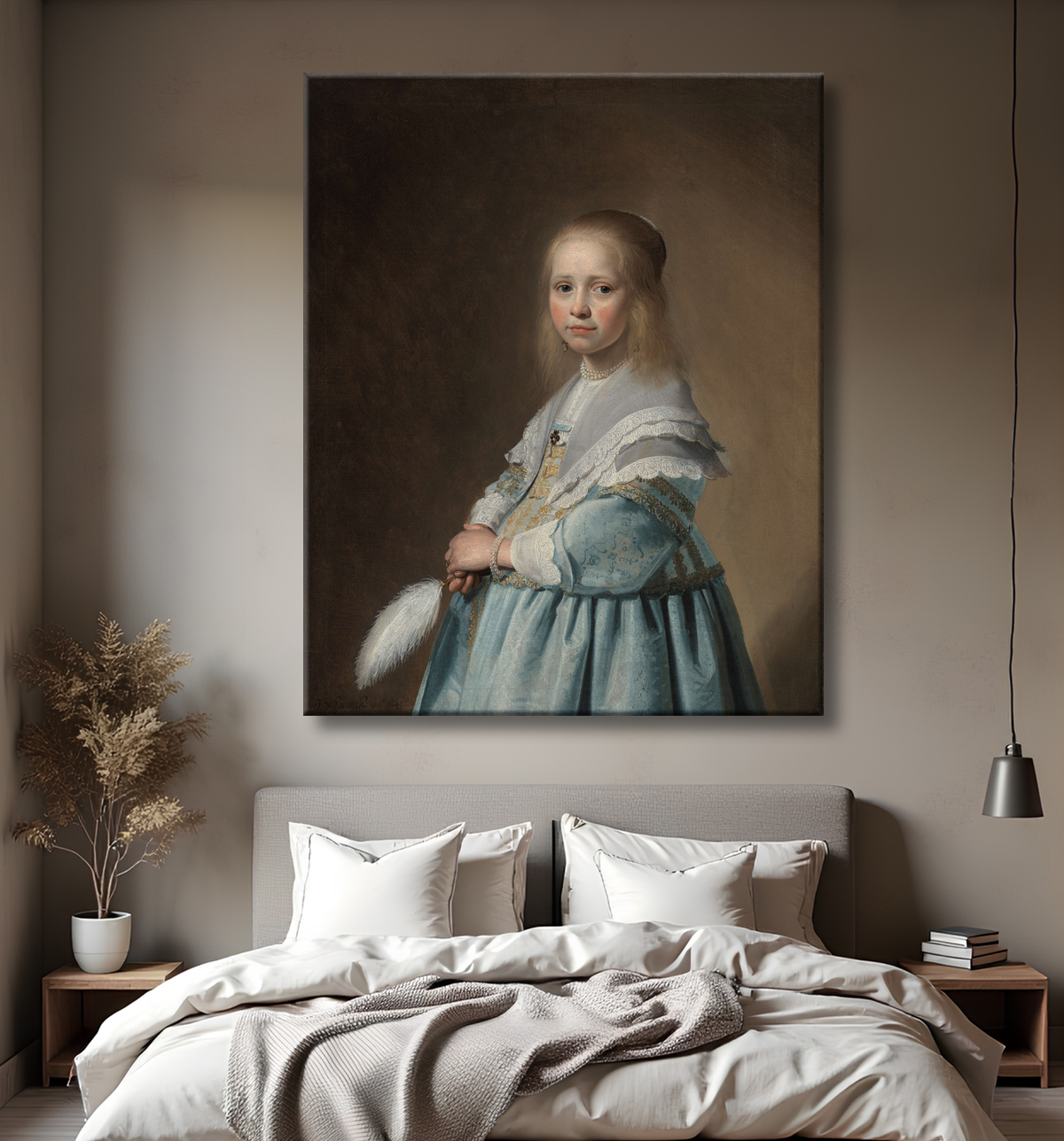 Reproduction Portrait d'une jeune fille vêtue de bleu de Johannes Cornelisz. Verspronck avec decor
