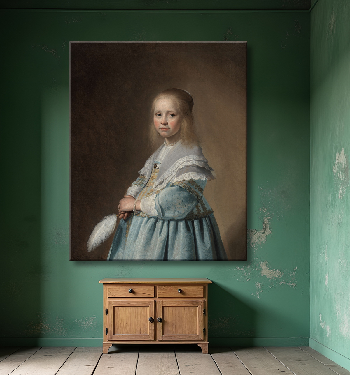 Reproduction Portrait d'une jeune fille vêtue de bleu de Johannes Cornelisz. Verspronck avec decor