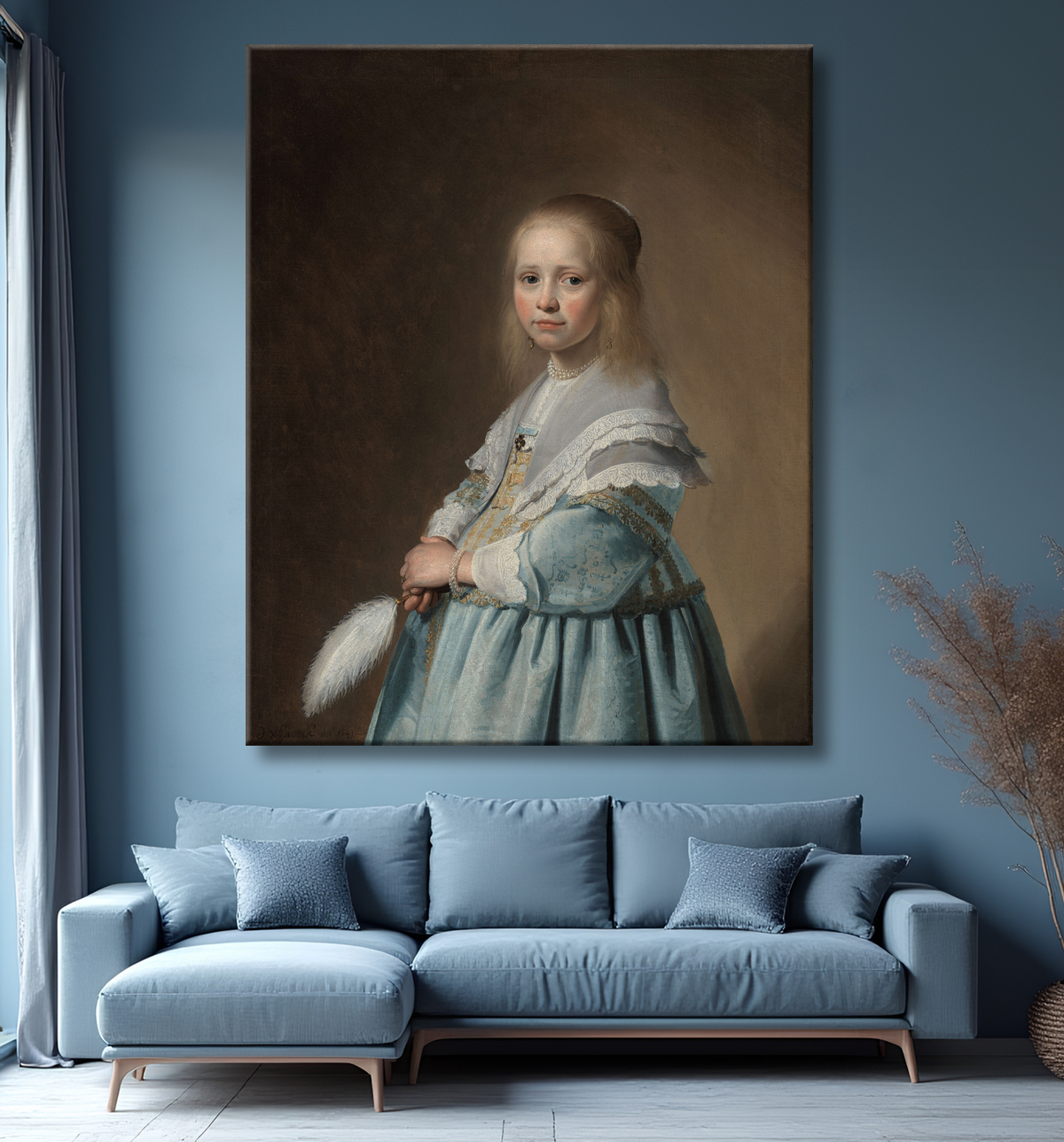 Reproduction Portrait d'une jeune fille vêtue de bleu de Johannes Cornelisz. Verspronck avec decor