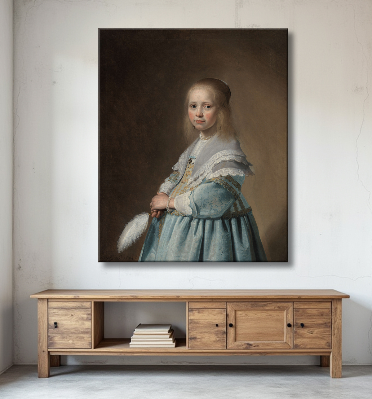 Reproduction Portrait d'une jeune fille vêtue de bleu de Johannes Cornelisz. Verspronck avec decor