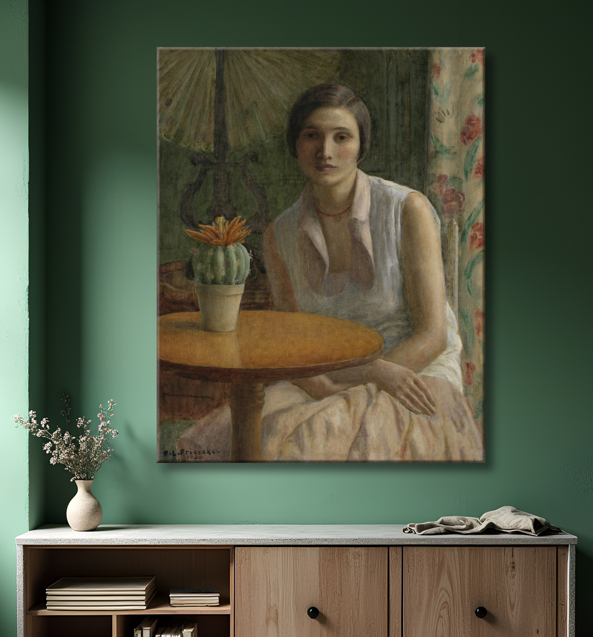 Reproduction Portrait de femme (avec cactus) de Frederick Carl Frieseke, born Owosso, MI 1874-died Le Mesnil-sur-Blangy, France 1939 avec decor