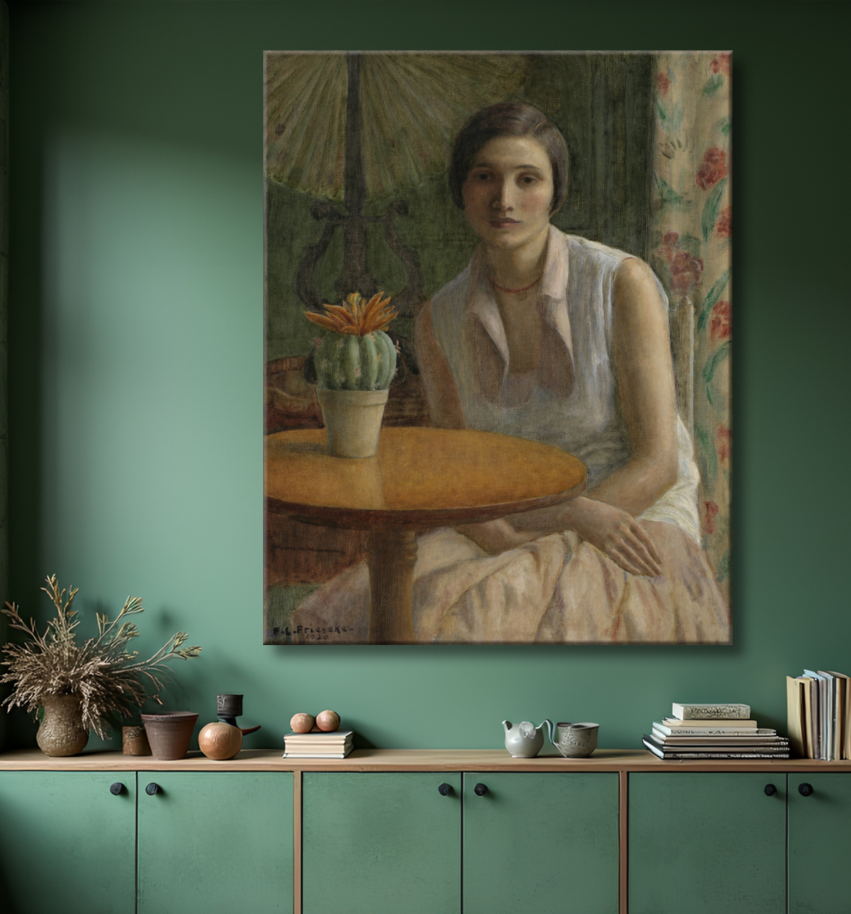 Reproduction Portrait de femme (avec cactus) de Frederick Carl Frieseke, born Owosso, MI 1874-died Le Mesnil-sur-Blangy, France 1939 avec decor