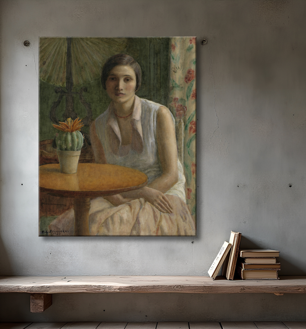 Reproduction Portrait de femme (avec cactus) de Frederick Carl Frieseke, born Owosso, MI 1874-died Le Mesnil-sur-Blangy, France 1939 avec decor