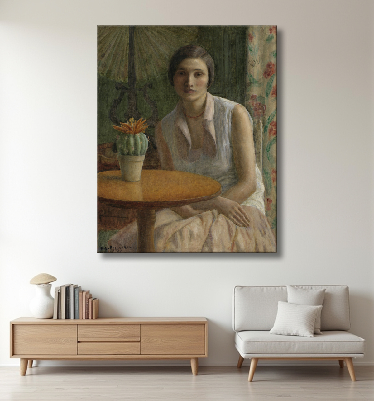 Reproduction Portrait de femme (avec cactus) de Frederick Carl Frieseke, born Owosso, MI 1874-died Le Mesnil-sur-Blangy, France 1939 avec decor