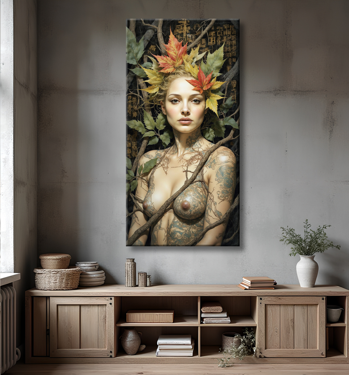 Portrait esprit de la forêt – Tableau mystique automnal & feuilles flamboyantes avec decor