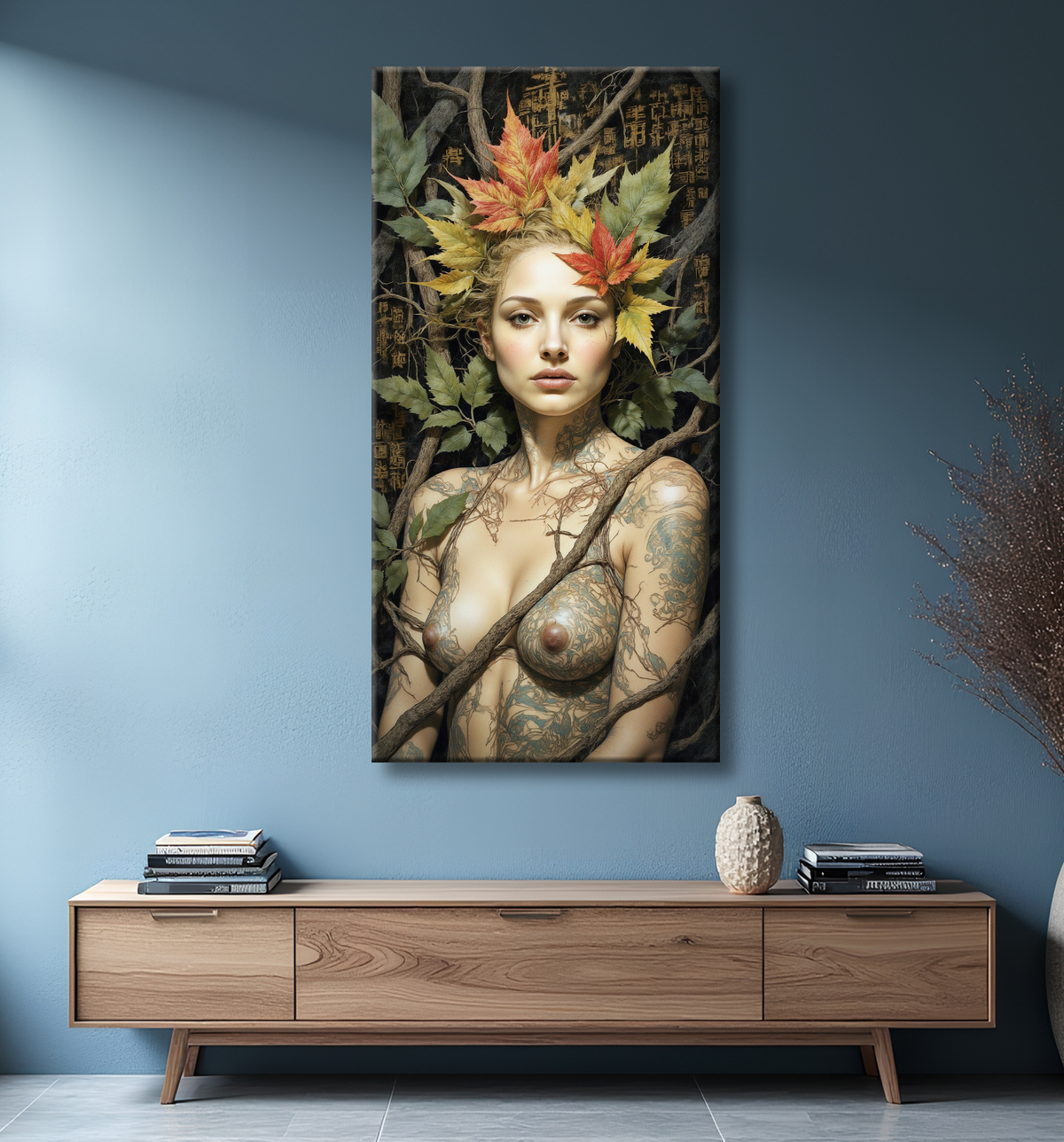 Portrait esprit de la forêt – Tableau mystique automnal & feuilles flamboyantes avec decor