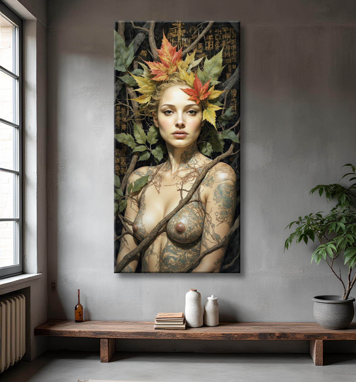 Portrait féminin mystique aux feuilles d’automne et motifs végétaux. Poster, affiche ou tableau sur toile/papier photo, formats sur-mesure (très grand format) et encadrements au choix sur Decotab.