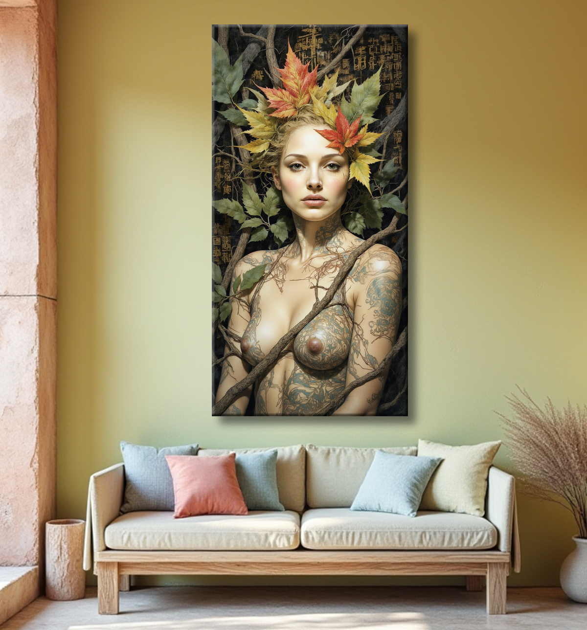 Portrait esprit de la forêt – Tableau mystique automnal & feuilles flamboyantes avec decor