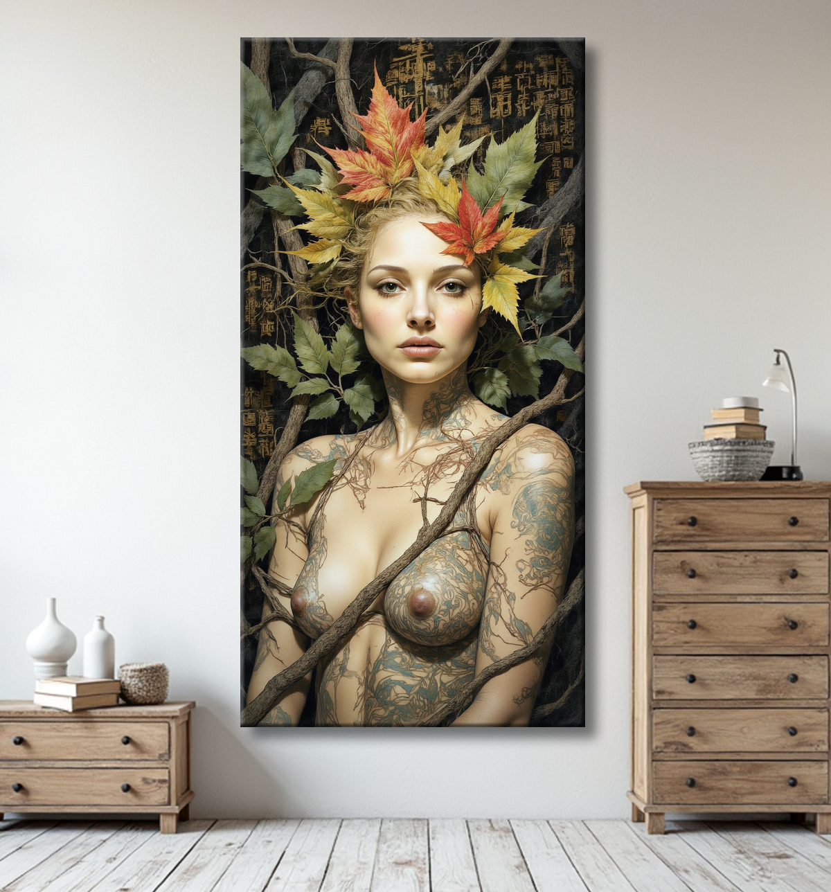Portrait esprit de la forêt – Tableau mystique automnal & feuilles flamboyantes avec decor