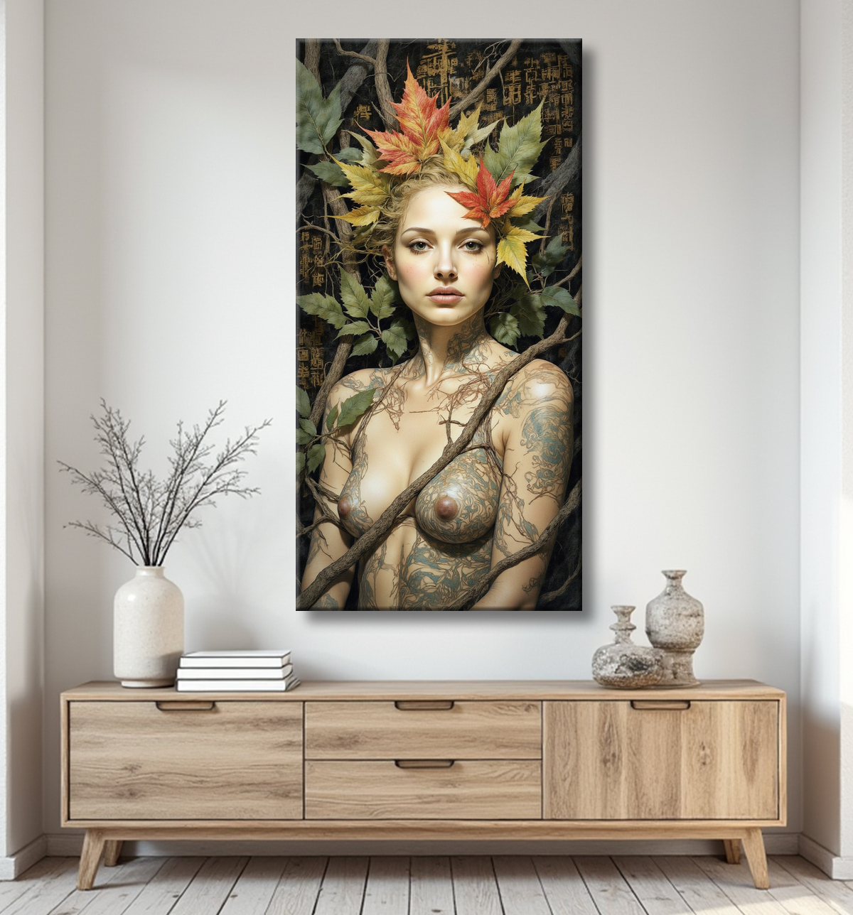 Portrait esprit de la forêt – Tableau mystique automnal & feuilles flamboyantes avec decor